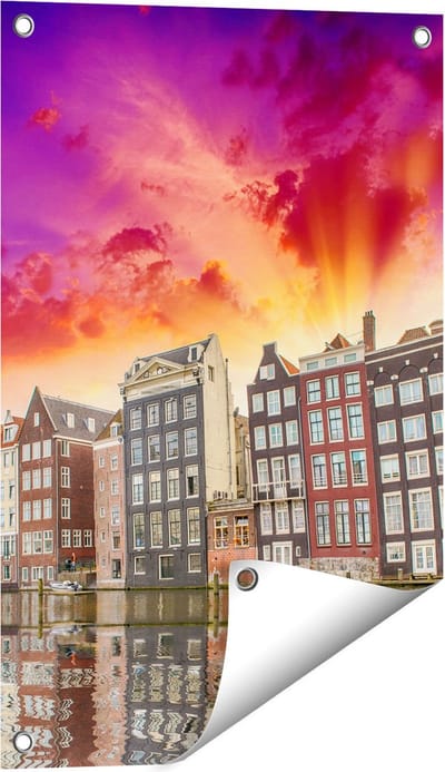 Gards Tuinposter Amsterdamse Huisjes bij het Kanaal - Kleur - 40x60 cm - Tuindoek - Tuindecoratie - Wanddecoratie buiten - Tuinschilderij