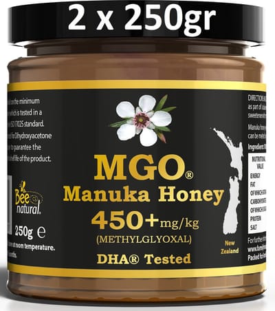 Bee Natural MGO 450+ Manuka Honing in een milieuvriendelijke echt glazen pot van ongekleurd glas * 2x 250G Premium Monoflorale ManukaHoning uit Nieuw-Zeeland # T.h.t. 01-11-2026 # MGO 300 = UMF 10, 356 400 = UMF 12, 420 450 = UMF 13, 514 550 = UMF 15