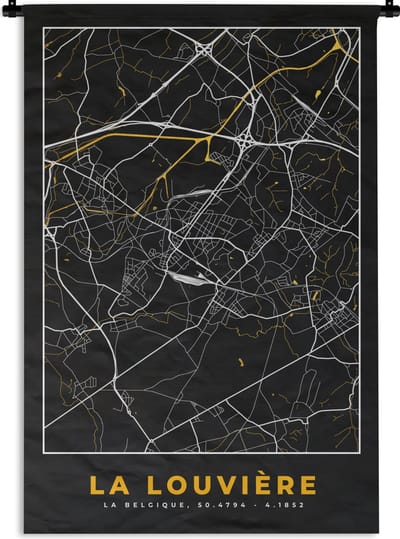 Wandkleed - Wanddoek - La Louvière - Kaart - Plattegrond - Goud - Stadskaart - 120x180 cm - Wandtapijt