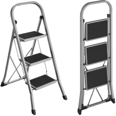 Linkforu – 3 step trap – 20 cm brede antislip treden – incl. Leuning – Huishoudtrap - Keukentrap - Metaal - Inklapbaar- Grijs