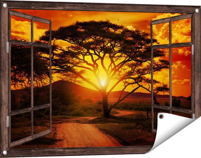Gards Tuinposter Doorkijk Zonsondergang Achter een Savanne Boom - 90x60 cm - Tuindoek - Tuindecoratie - Wanddecoratie buiten - Tuinschilderij