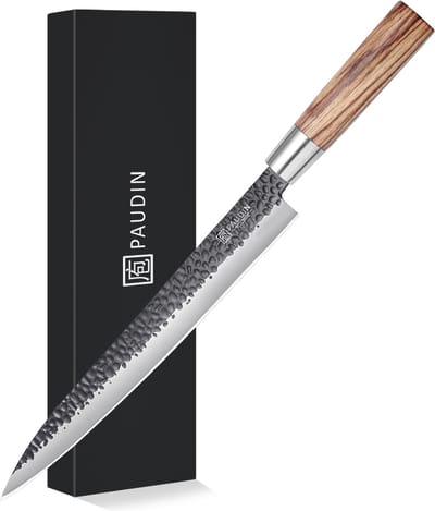 PAUDIN HB1 keukenmes - Japans vlees- en sushi mes 27,5 cm - gehamerd lemmet - ergonomisch zebranohouten handvat