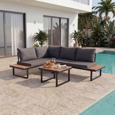 HOMAVO Tuinmeubelset voor 3-4 personen - L-vormige hoekbank met salontafel - Hoogveerkrachtige zitkussens - Water- en zonbestendig - Geschikt voor terras, balkon en tuin