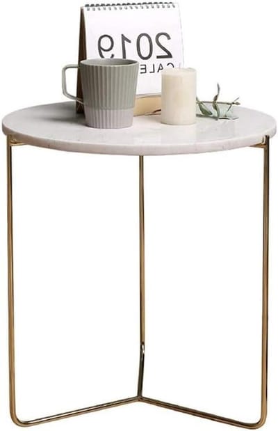 Salontafel Bijzettafel - Metalen Tafel - Opbergen Decoratie - Marmeren Blad - 41x41x43cm - Wit