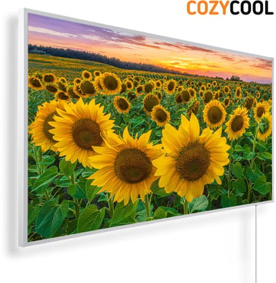 Infraroodpaneel met afbeelding | Zonnebloemenveld met kleurrijke zonsondergang | 1200 Watt | Witte lijst | Infrarood verwarmingspaneel | Infrarood paneel | Infrarood verwarming
