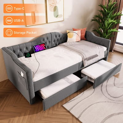 DESMIU Gestoffeerd Dagbed 90x200cm – Bed Met USB-C Oplaadfunctie En 2 Lades – Opbergruimte Onder Het Bed – Voor Kinderkamer En Logeerkamer – Grijs Linnen – Zonder Matras
