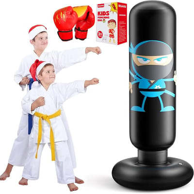 EQARD Kinderbokszak, ninjaontwerp, opblaasbare bokszak voor kinderen met bokshandschoenen, 160 cm bokszak met standaard, trampolug bokstas voor het oefenen van karate Taekwondo MMA