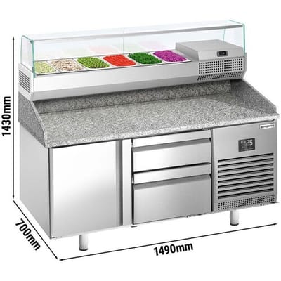 GGM Gastro Pizzakühltisch Premium PLUS - 1490x700mm - mit 1 Tür & 2 Schubladen - inkl. Kühlaufsatzvitrine - 6x GN 1/4