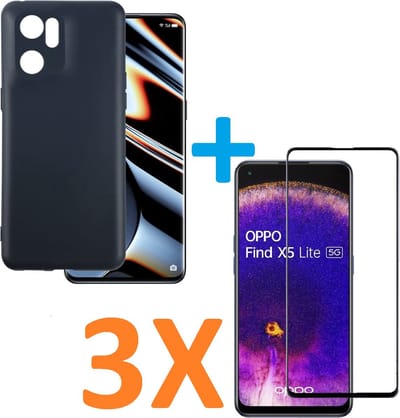 Soft TPU Zwart hoesje Silicone Case + 3 stuk Full Glas Screenprotector Geschikt voor: Oppo Find X5 lite