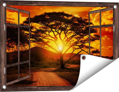 Gards Tuinposter Doorkijk Zonsondergang Achter een Savanne Boom - 60x40 cm - Tuindoek - Tuindecoratie - Wanddecoratie buiten - Tuinschilderij