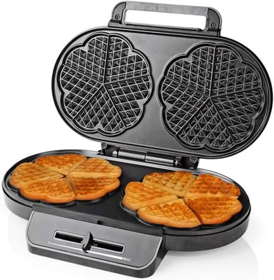 Wafelijzer Hartjes - Apparaat voor Wafels - Snelle Ontbijtjes - Automatische Temperatuur - 2x5 Wafels 12cm - Zilver Metaal