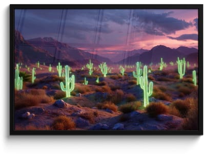 Poster in lijst - Fotolijst 90x60 cm - Posters - Neon cactussen - Woestijn - Zonsondergang - Posterlijst zwart - Decoratie - Wanddecoratie woonkamer - Muurdecoratie slaapkamer