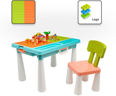 Kindertafel met 1 Stoel - Speeltafel met bouwplaat (Voor Lego® blokken) en vlakke kant - 2 Vakken - 515 Bouwstenen