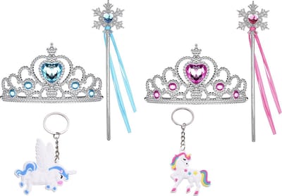 Het Betere Merk - Prinsessen Speelgoed Meisje - Prinses accessoireset - 2 x Kroon (Tiara) - 2 x Toverstaf - Unicorn Hanger - Voor bij je Verkleedkleding - Roze - Blauw