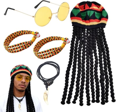Gevlochten pruik hoed voor feestelijke gelegenheden, inclusief gele bril, armbanden en ketting
