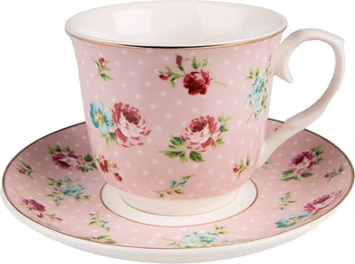 Clayre & Eef Kop en Schotel 250 ml Roze Porselein Bloemen