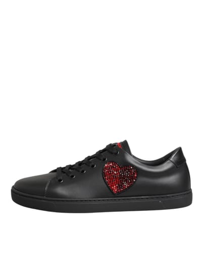 Dolce & Gabbana Zwarte Leren Kristallen Hart Lage Sneakers Schoenen