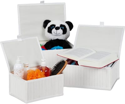 Opbergmand, met deksel en stoffen hoes, van bamboe, 3 verschillende groottes, wit