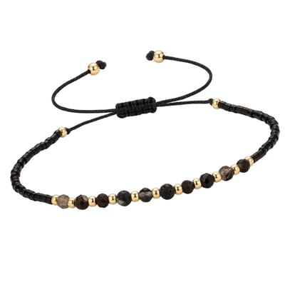 Zwarte koord armband voor dames met kralen – verstelbare armband met goudkleurige accenten