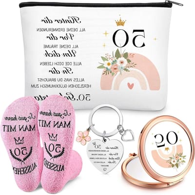 Verjaardagscadeauset voor Vrouwen met Cosmetica Tas, Sleutelhanger, Spiegels en Sokken in Roze voor 50e Verjaardag