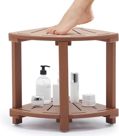 Douche Kruk - Badkamer Bankje - Comfortabel Zitten - Met Opbergplank - Hoekmodel - Teak