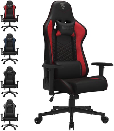 SENSE7 Spellcaster - Gamingstoel - Belastbaar tot 150 kg - Eco-leer & Lendenkussen - Bureaustoel - Ergonomische Stoel - Max. 185 cm - Zwart en rood