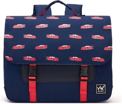 YLX Classic schooltas voor kinderen. Marine blauw met rode auto's. Gemaakt van gerecycled plastic. Eco-vriendelijk