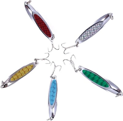 Vijf stuks mackerel sequin spinner, hard bait voor vissen, metalen disc lepel met dreggen