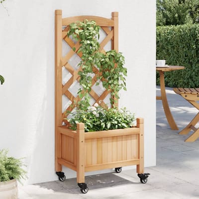 vidaXL - Plantenbak - met - latwerk - en - wielen - massief - vurenhout - bruin