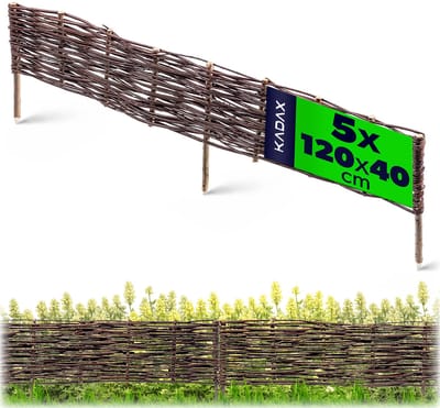 KADAX Palissade van wilgentenen, natuurlijk wilgenhek, handgemaakt wilgenvlechthek, tuinhek voor paden en bloembedden, omheining gazonrand (5 stuks 120 x 40 cm)