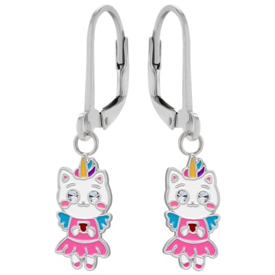 WeLoveSilver - zilveren oorhangers - eenhoorn katje - regenboogkleuren