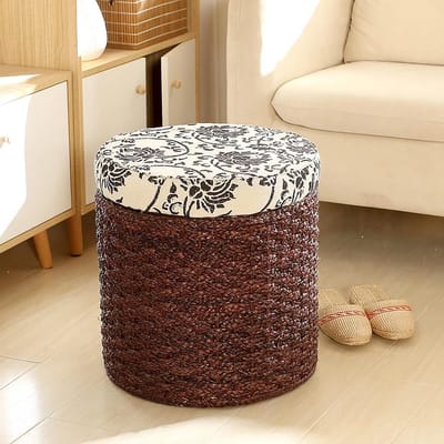 Opberg poef - Rieten kist - Woonkamer organiseren - Handgeweven zeegras - 40x40x43cm - Walnoot