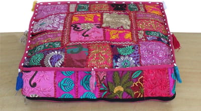 Poef Hoes - Ottomaanse Cover - Woonkamer Decoratie - Handgezeefdrukt Katoen - 56 x 56 x 13 cm - Roze