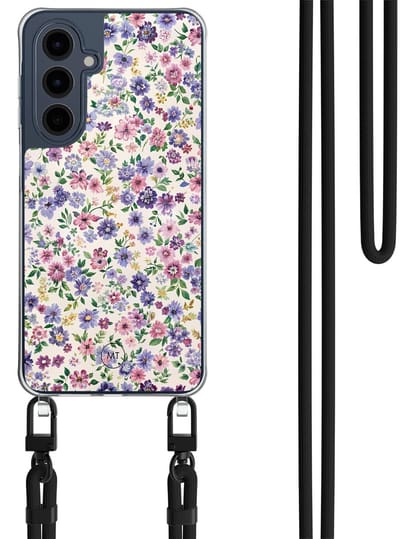 Hoesje met koord geschikt voor Samsung Galaxy A16 - Paarse bloemen - Inclusief Zwart koord - Crossbody beschermhoes - Transparant, Paars - Mooie Telefoonhoesjes