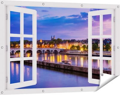 Gards Tuinposter Doorkijk Maastricht Maas Rivier bij de Sint Servaasbrug - 120x80 cm - Tuindoek - Tuindecoratie - Wanddecoratie buiten - Tuinschilderij