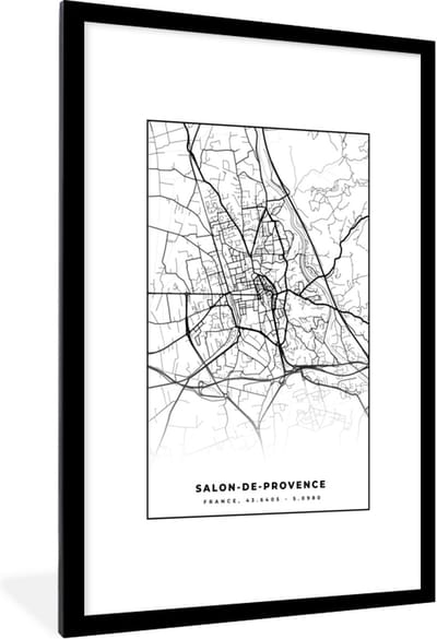 Fotolijst incl. Poster Zwart Wit- Stadskaart - Plattegrond - Kaart - Salon-de-Provence - Frankrijk - Zwart wit - 80x120 cm - Posterlijst