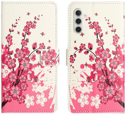 Hoesje Geschikt voor Samsung Galaxy A56 - Print Book Case met Pasjeshouder - Standaard - Magneet Sluiting - Roze Bloemen