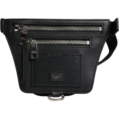 Zwart Kalfsleren Logo Plaquette Riem Taille Mannen Heuptas Tas