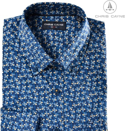 Chris Cayne heren overhemd - lange mouw - M - blauw/kobalt/offwhite/geel - geprint dessin - button down kraag - borstzak