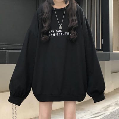 Dunne Ronde Hals Lange Mouwen Sweatshirt voor Dames In de Herfst Nieuw Losse Koreaanse Student Letter Top voor Dames 2XL black