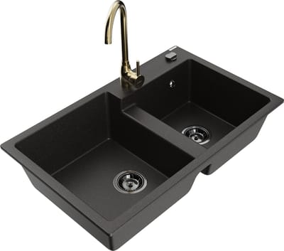 Mexen Tomas granieten spoelbak met 2 compartimenten en Telma keukenkraan, zwart/gouden metallic - 6516-75-670200-50-B