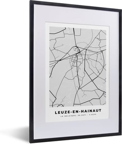 Fotolijst incl. Poster Zwart Wit- Plattegrond – Leuze en Hainaut – Zwart Wit – Stadskaart - Kaart - 30x40 cm - Posterlijst