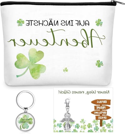 Inspirerende coworker gift set met sleutelhanger, beschermengel, geluksbrenger en cosmeticazak voor afscheid, werk en pensioen