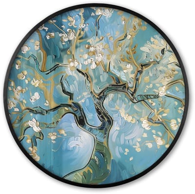 Poster in lijst Rond - Fotolijst 60x60 cm - Posters - Amandelbloesem boom - Blauw - Abstract - Ronde posterlijst zwart - Decoratie - Wanddecoratie woonkamer - Muurdecoratie slaapkamer