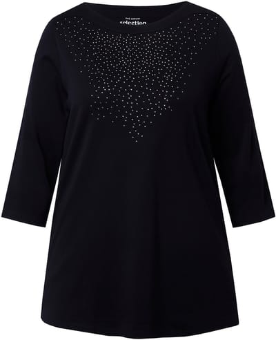 Ulla Popken - Dames - Shirt siersteentjes boothals 3/4-mouwen pima-katoen - Zwart - Maat 46+