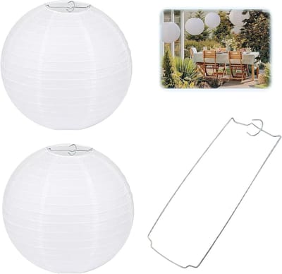 Ronde Witte Papieren Lampion 2 Stuks - Klassieke Bamboo Stijl Ribbel Lampenkap Decoratie voor Feest, Tuin en Bruiloft (20cm, 8 Inch)