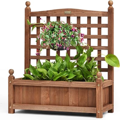 COSTWAY Bloembak met rankrooster, houten plantenbak met latwerk, bloembak, klimhulp, tuinlatwerk, rankkast voor klimplanten, tuin, terras, achtertuin, 64,5 x 28 x 75 cm, bruin