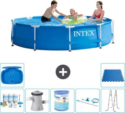 Intex Rond Frame Zwembad - 305 x 76 cm - Blauw - Inclusief Onderhoudspakket - Zwembadfilterpomp - Filter - Schoonmaakset - Ladder - Voetenbad - Vloertegels - 8-delig