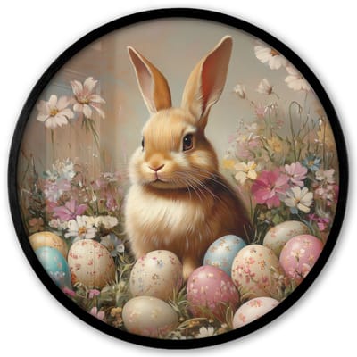 Poster in lijst Rond - Fotolijst 40x40 cm - Posters - Paashaas - Lente - Paaseieren - Ronde posterlijst zwart - Decoratie - Wanddecoratie woonkamer - Muurdecoratie slaapkamer