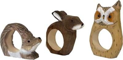 Servetringen | Handgesneden | Dierdesign - Egel, Uil, Haas | Set van 3 | Gemaakt van hout | Handgeschilderd | Veelzijdig inzetbaar | Met stabiele bodem | 8x6x2 cm